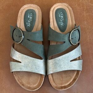 Metallic & Olive Green Slide Sandals